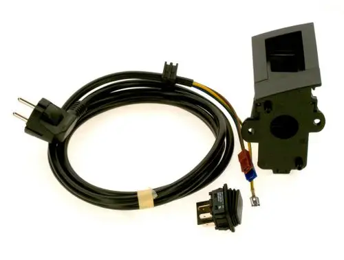 BOSCH Schaltkasten mit Anschlusskabel und Stecker, inklusive zweipoligem Schalter. Kabel sichtbar in Schwarz.